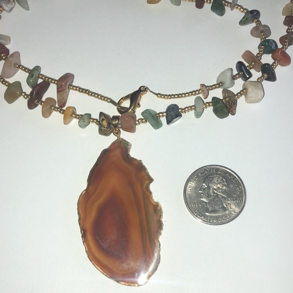 Vintage Druzy Orange Agate Stone Pendant Semi Precious Stones Beaded Necklace - Picture 4 of 6